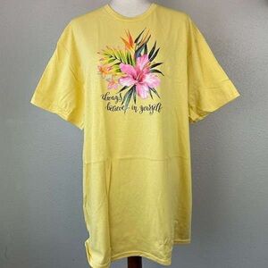 Yellow Floral Graphic Tee with Pink Hibiscus